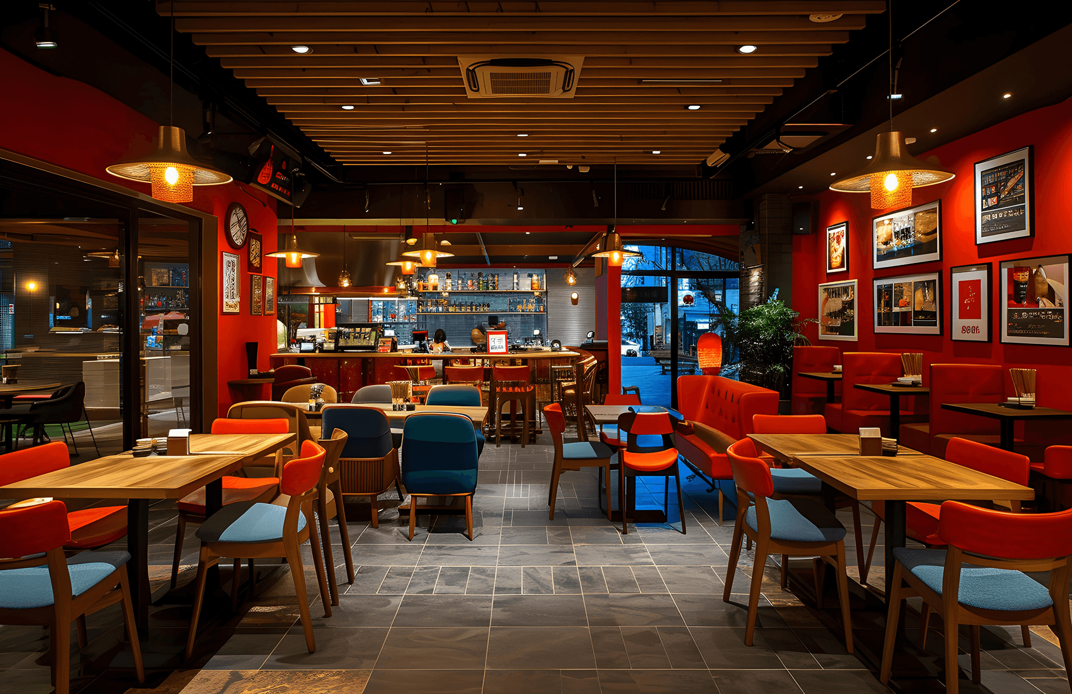 Warm interior with red and blue chairs, pendant lights and a welcoming food counter